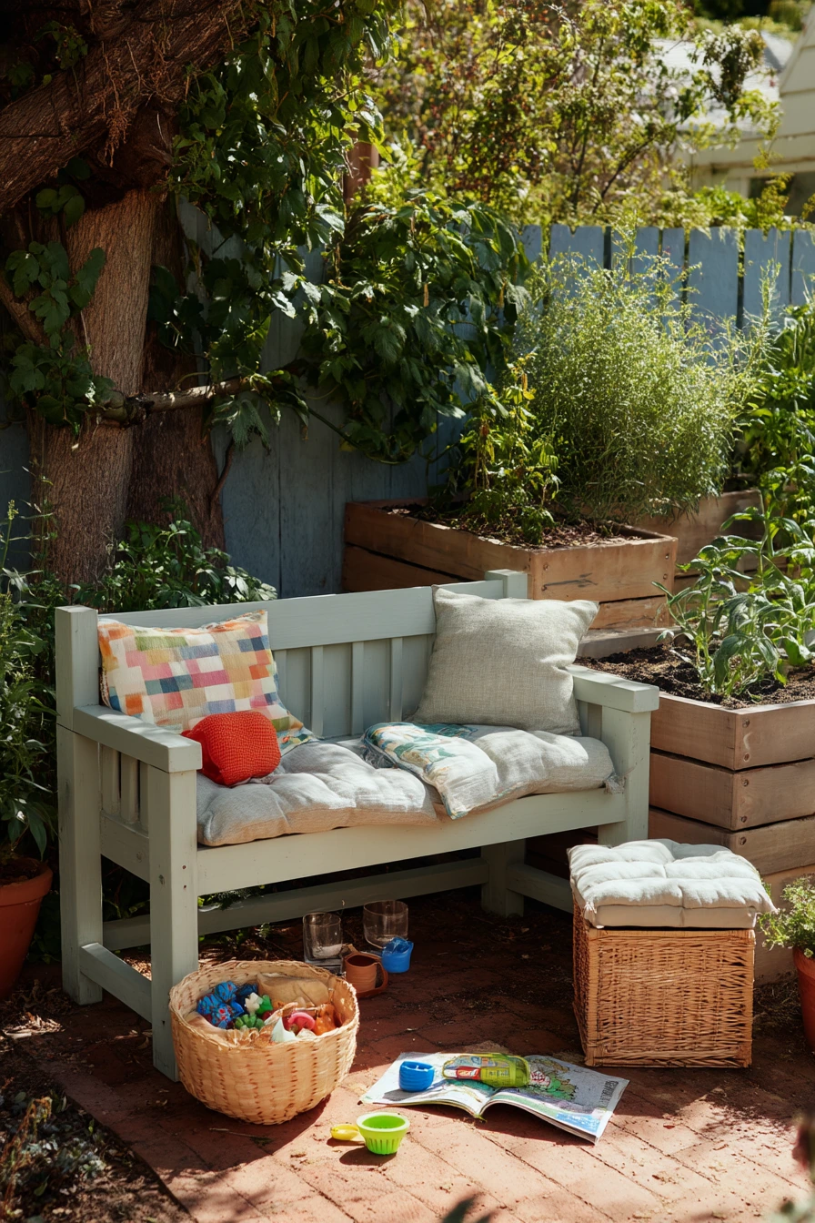 Family Garden Bench with Toy Basket