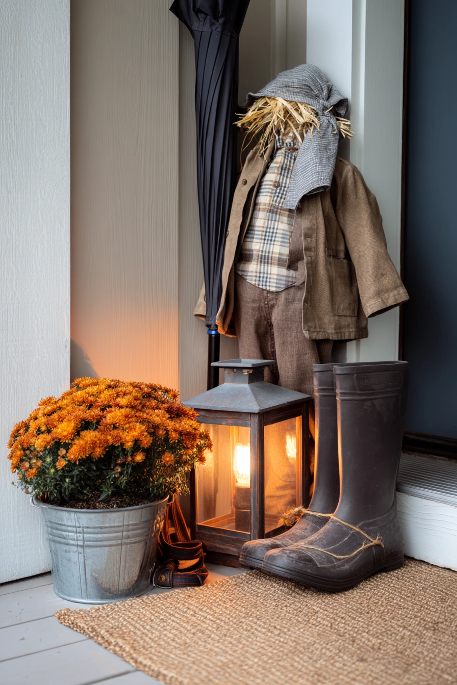 9. Rainy-Weather Porch Scarecrow Setup