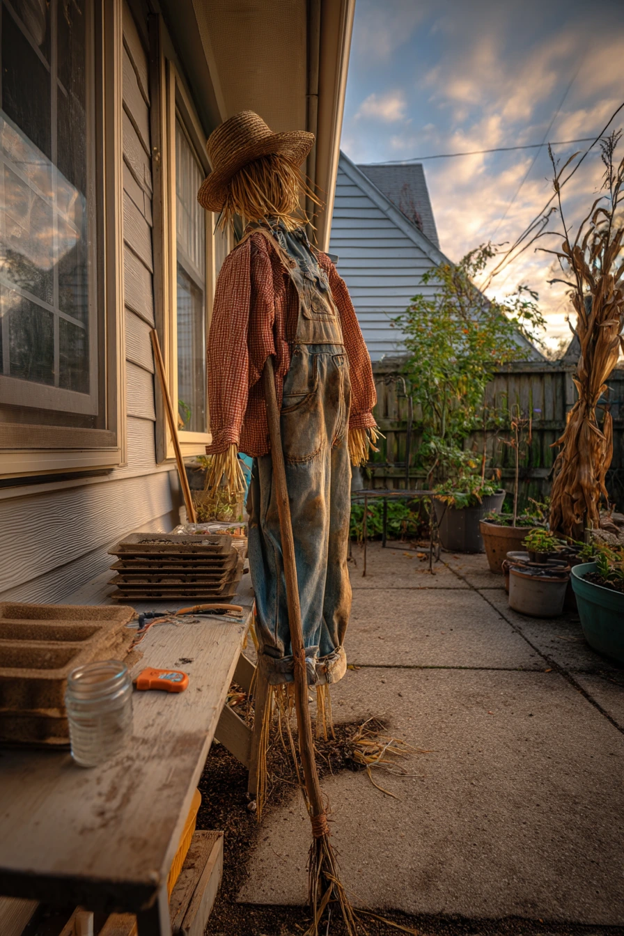 10. Upcycled Backyard Scarecrow Project