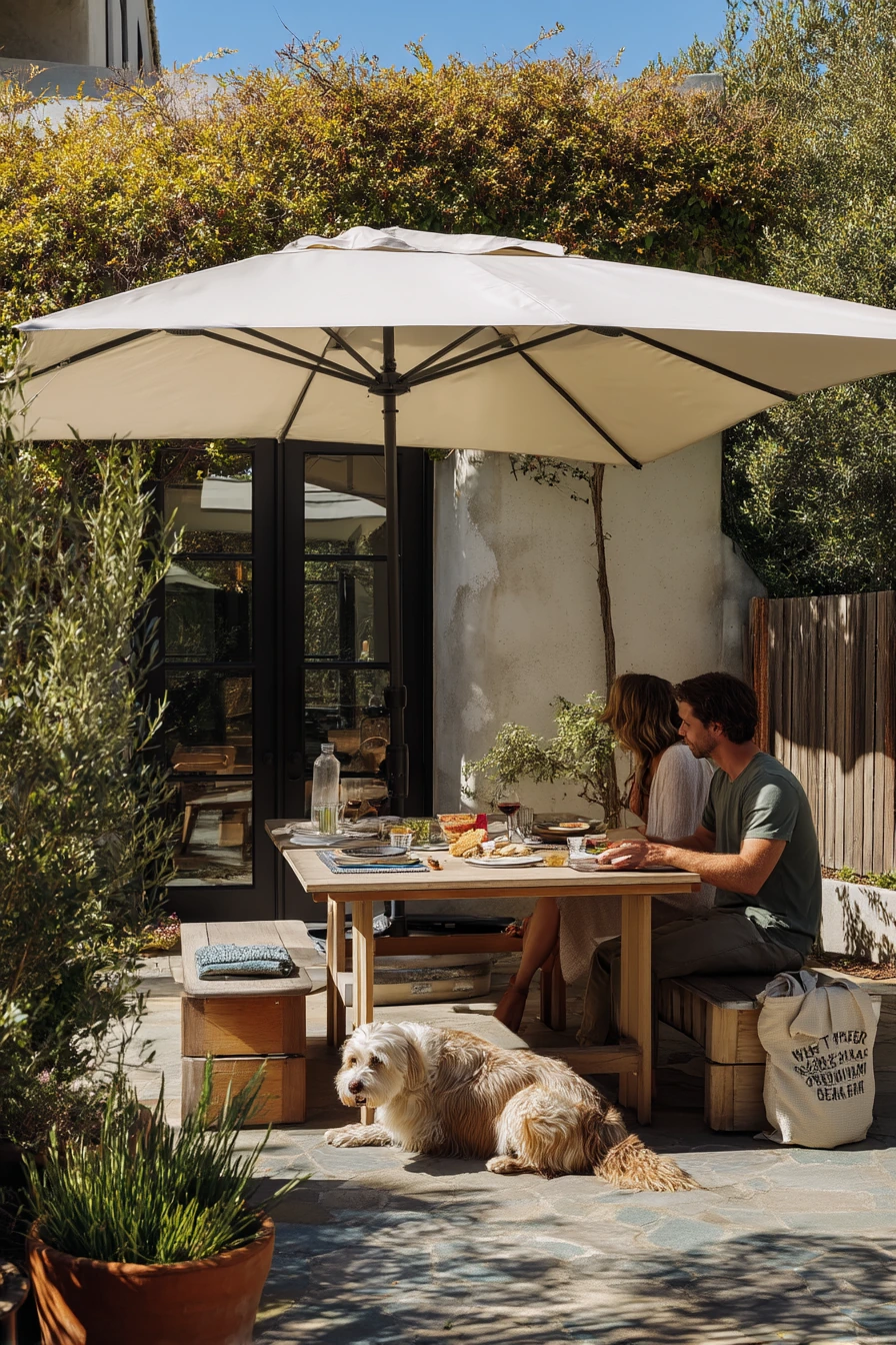 Budget Umbrella Shade Over a Courtyard Lunch