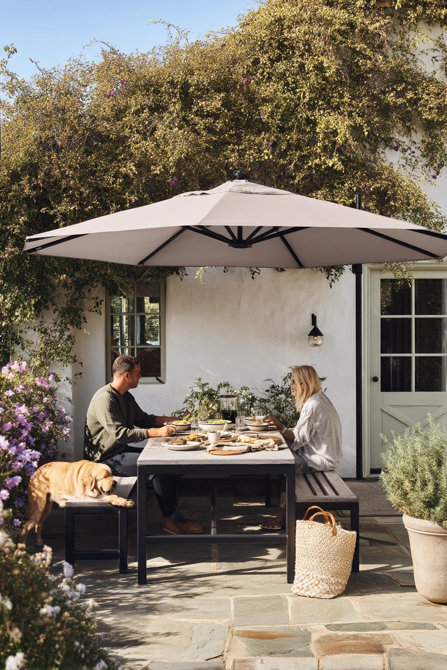 Budget Umbrella Shade Over a Courtyard Lunch