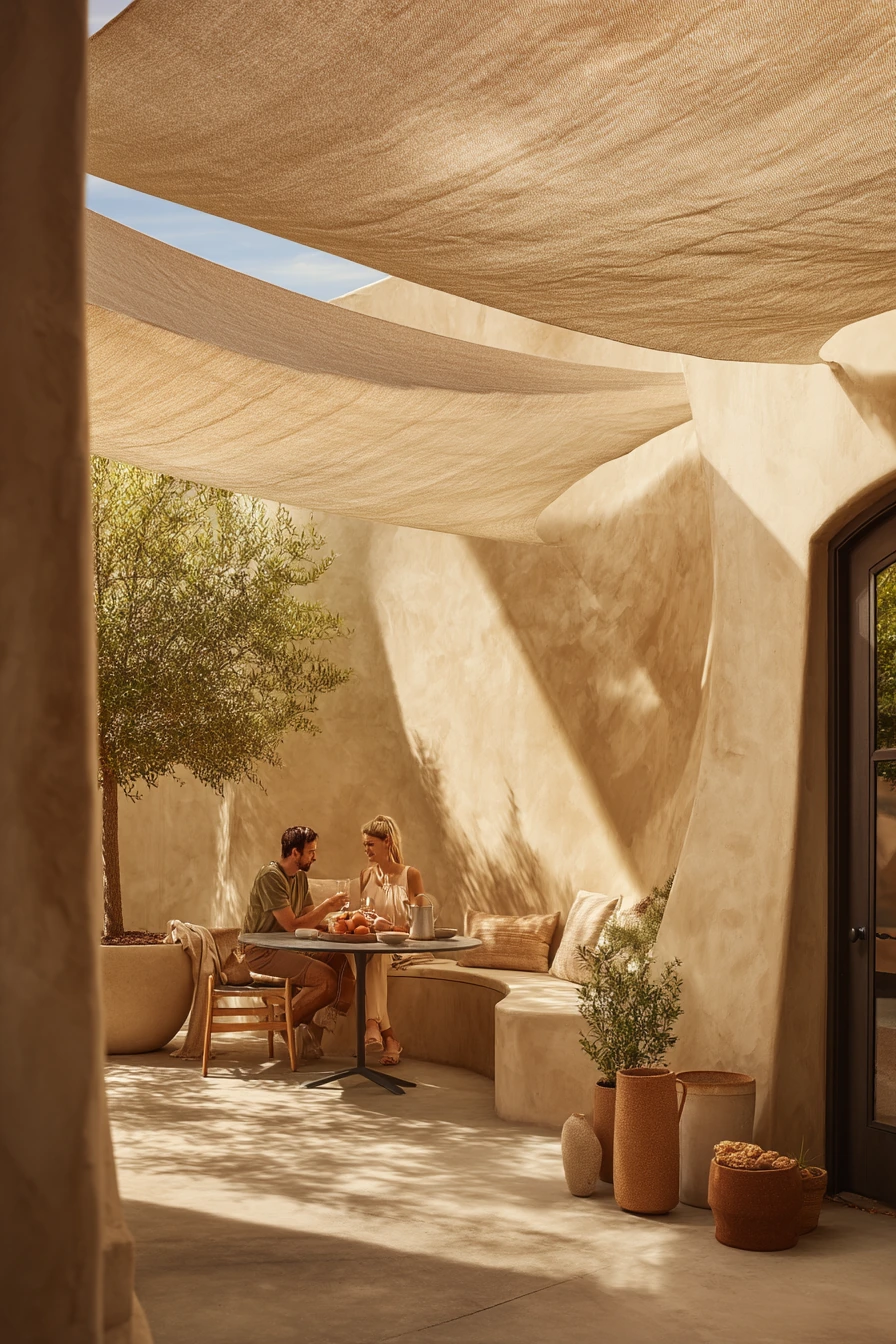 Mediterranean Courtyard with Linen Shade Sails