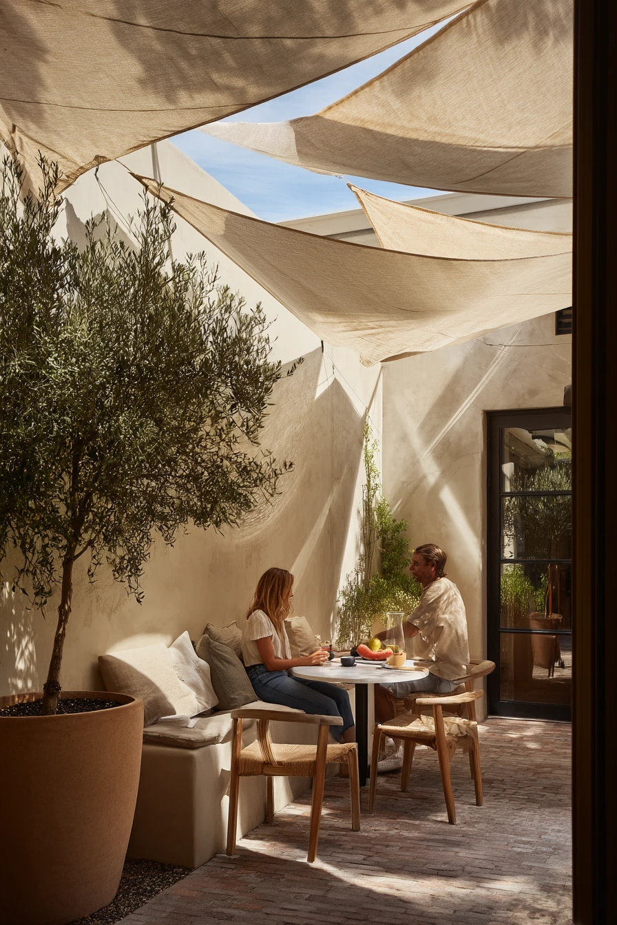 Mediterranean Courtyard with Linen Shade Sails