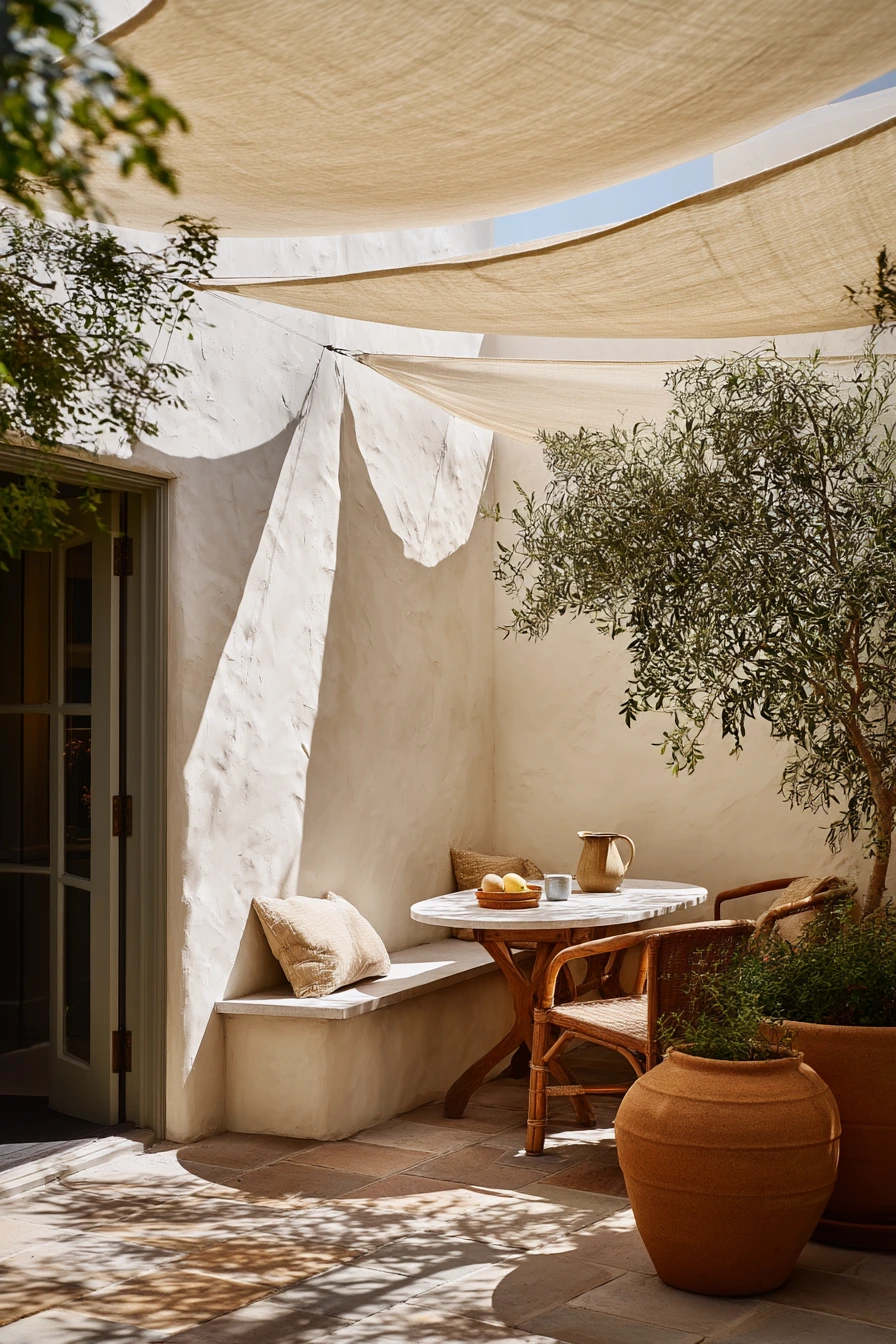 Mediterranean Courtyard with Linen Shade Sails