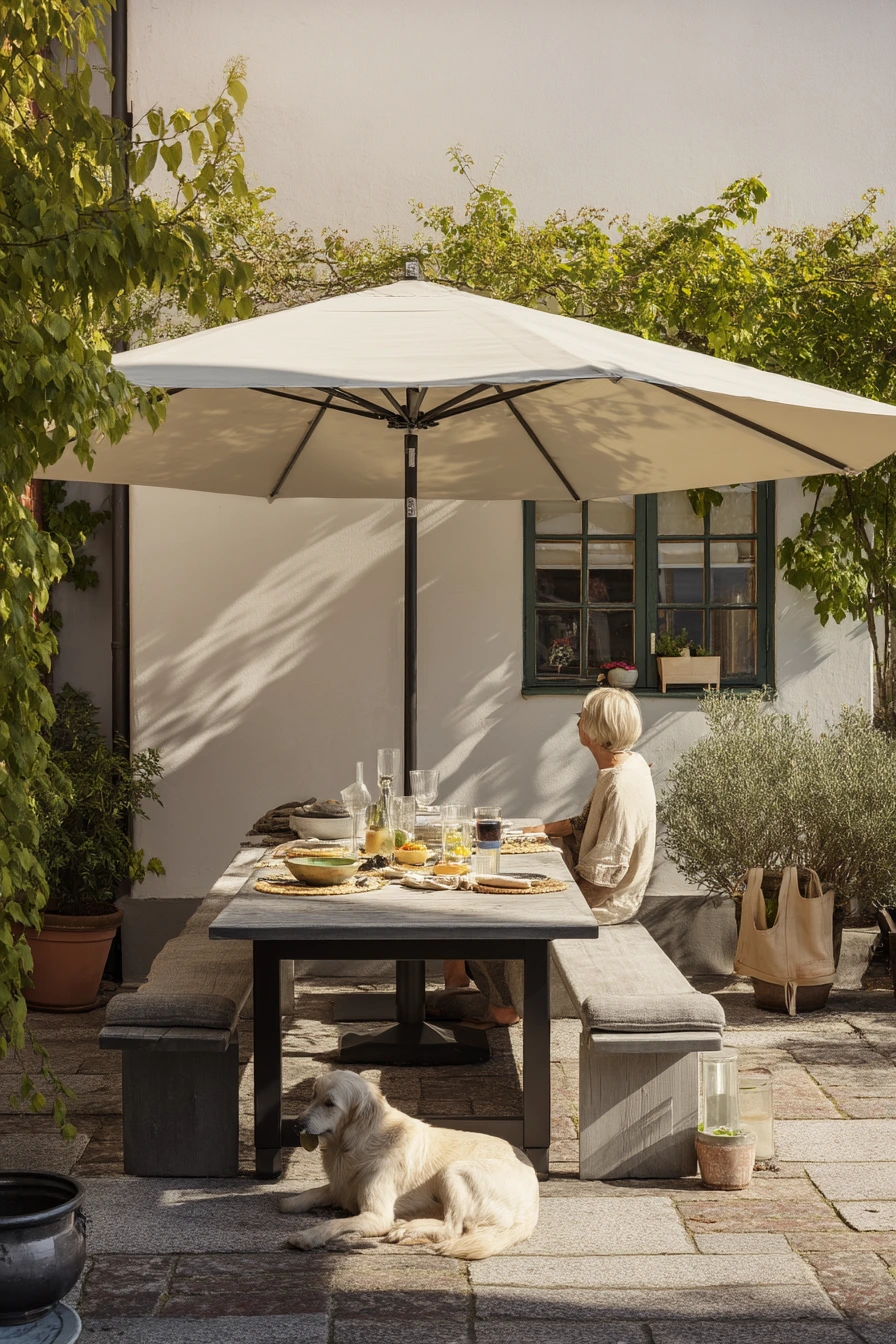 Budget Umbrella Shade Over a Courtyard Lunch