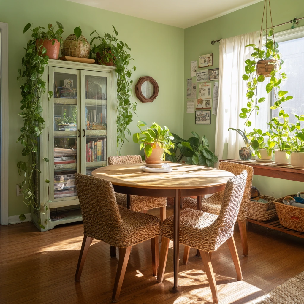 Plant-Filled Green Dining Room