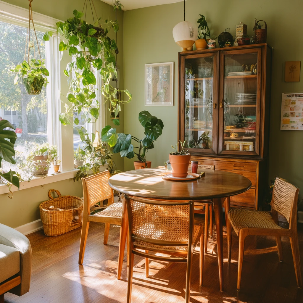 Plant-Filled Green Dining Room