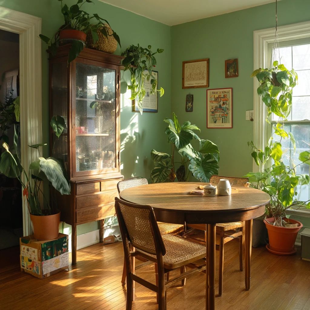 Plant-Filled Green Dining Room