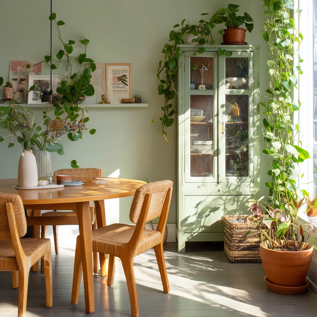 Plant-Filled Green Dining Room