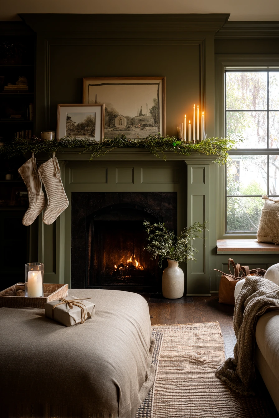 Moss Green Fireplace with Holiday Decor