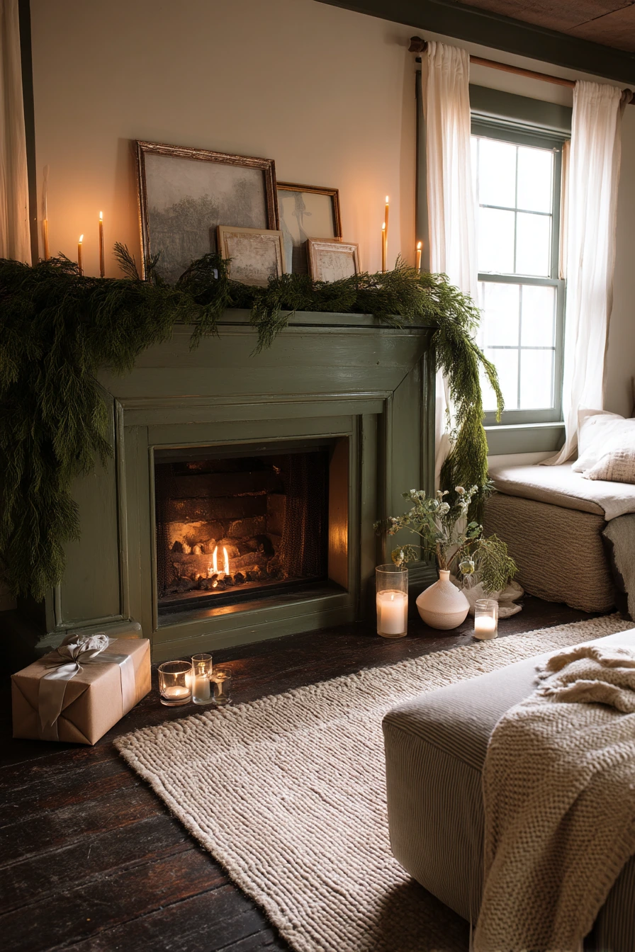 Moss Green Fireplace with Holiday Decor
