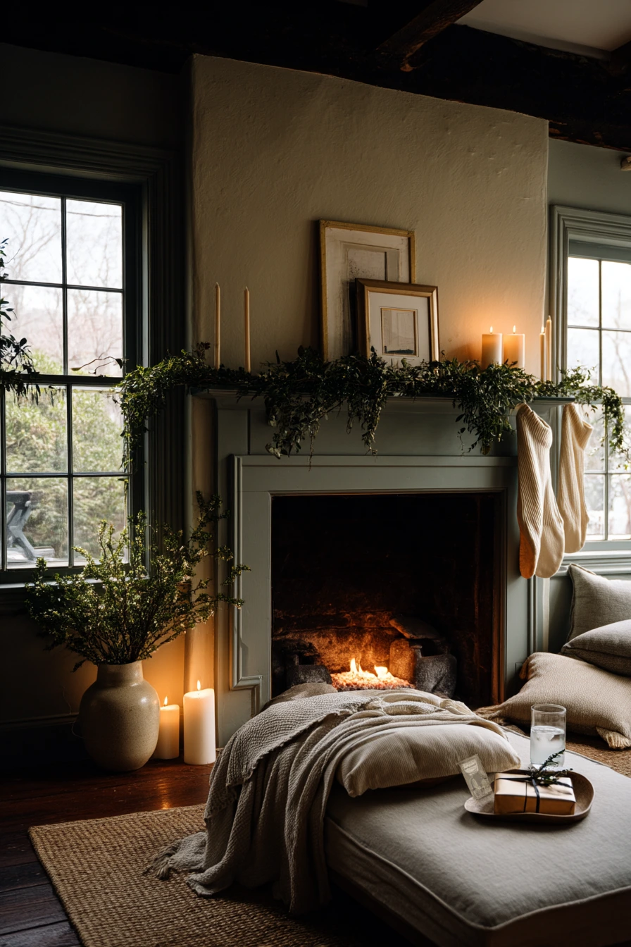 Moss Green Fireplace with Holiday Decor