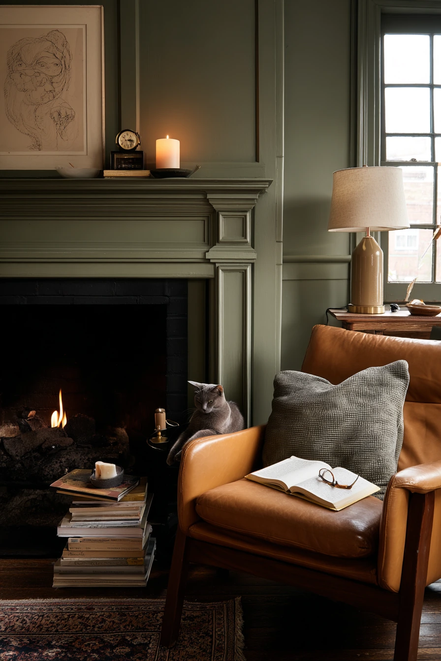 Olive Green Fireplace in a Quiet Reading Nook