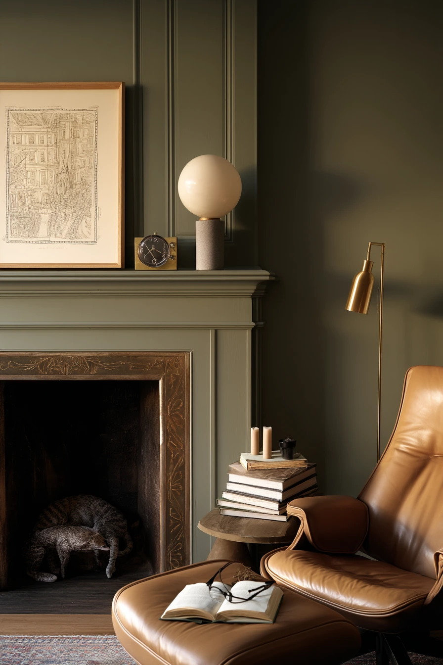 Olive Green Fireplace in a Quiet Reading Nook