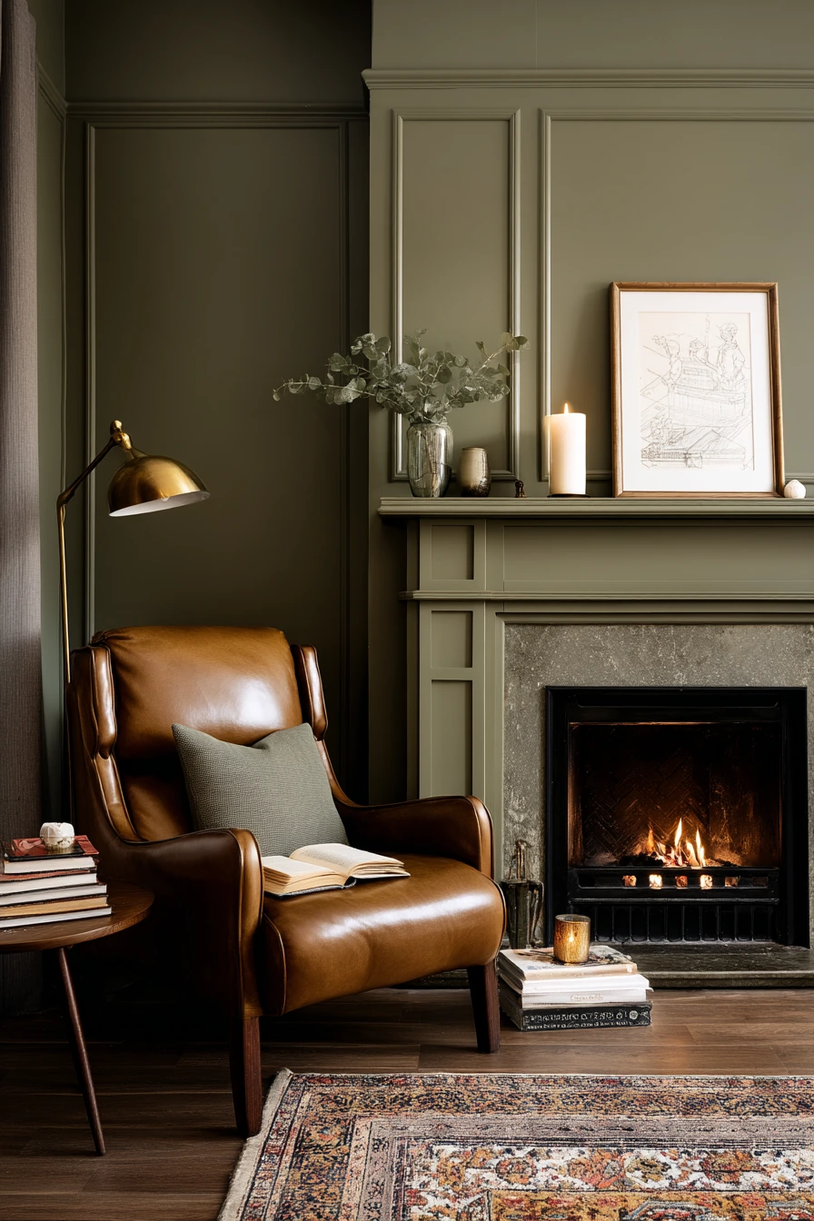 Olive Green Fireplace in a Quiet Reading Nook