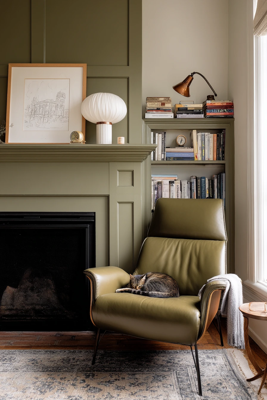 Olive Green Fireplace in a Quiet Reading Nook
