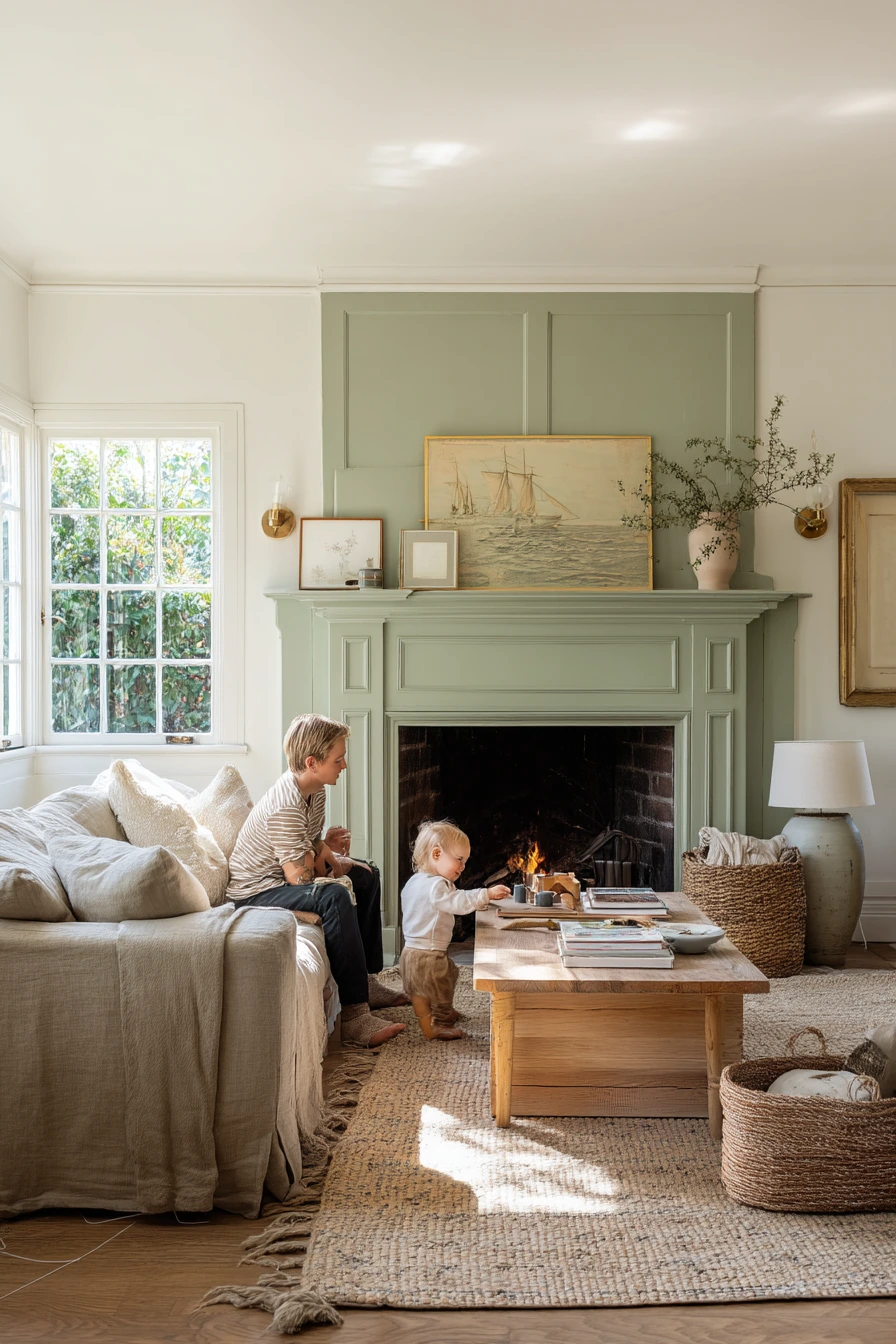 Quiet Sage Mantel in a Family Living Room