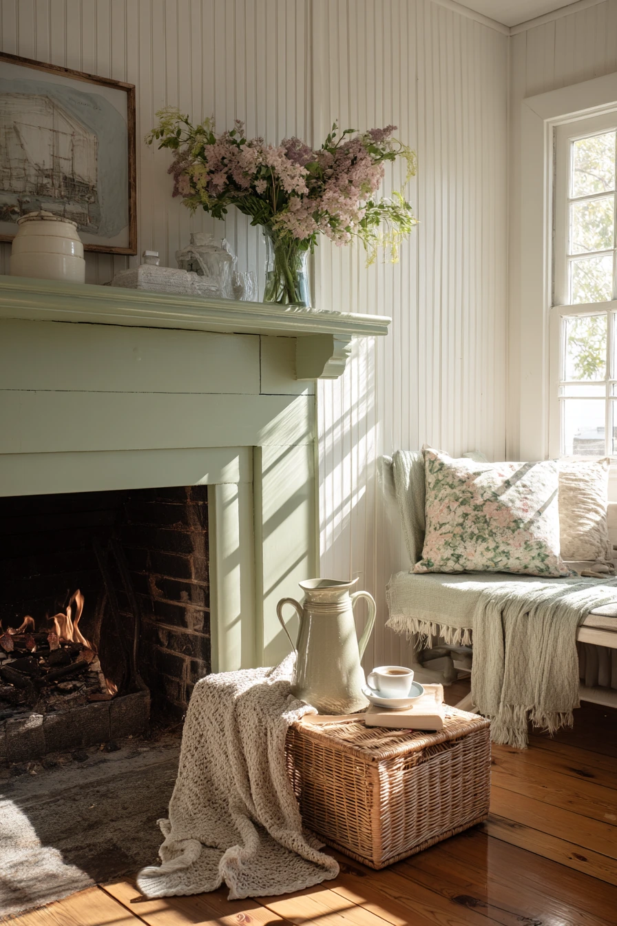 Sage Green Fireplace in a Sunlit Cottage
