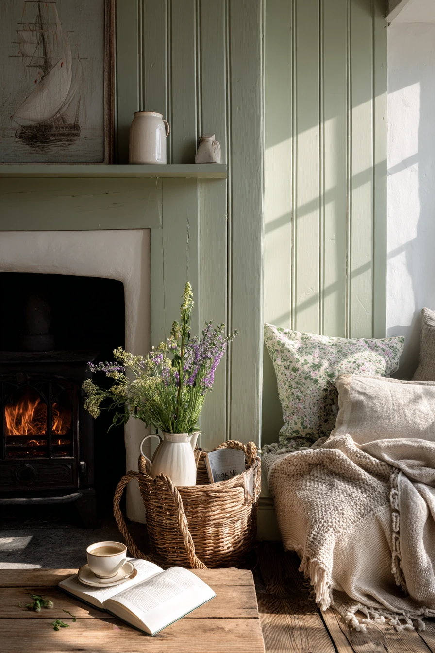 Sage Green Fireplace in a Sunlit Cottage
