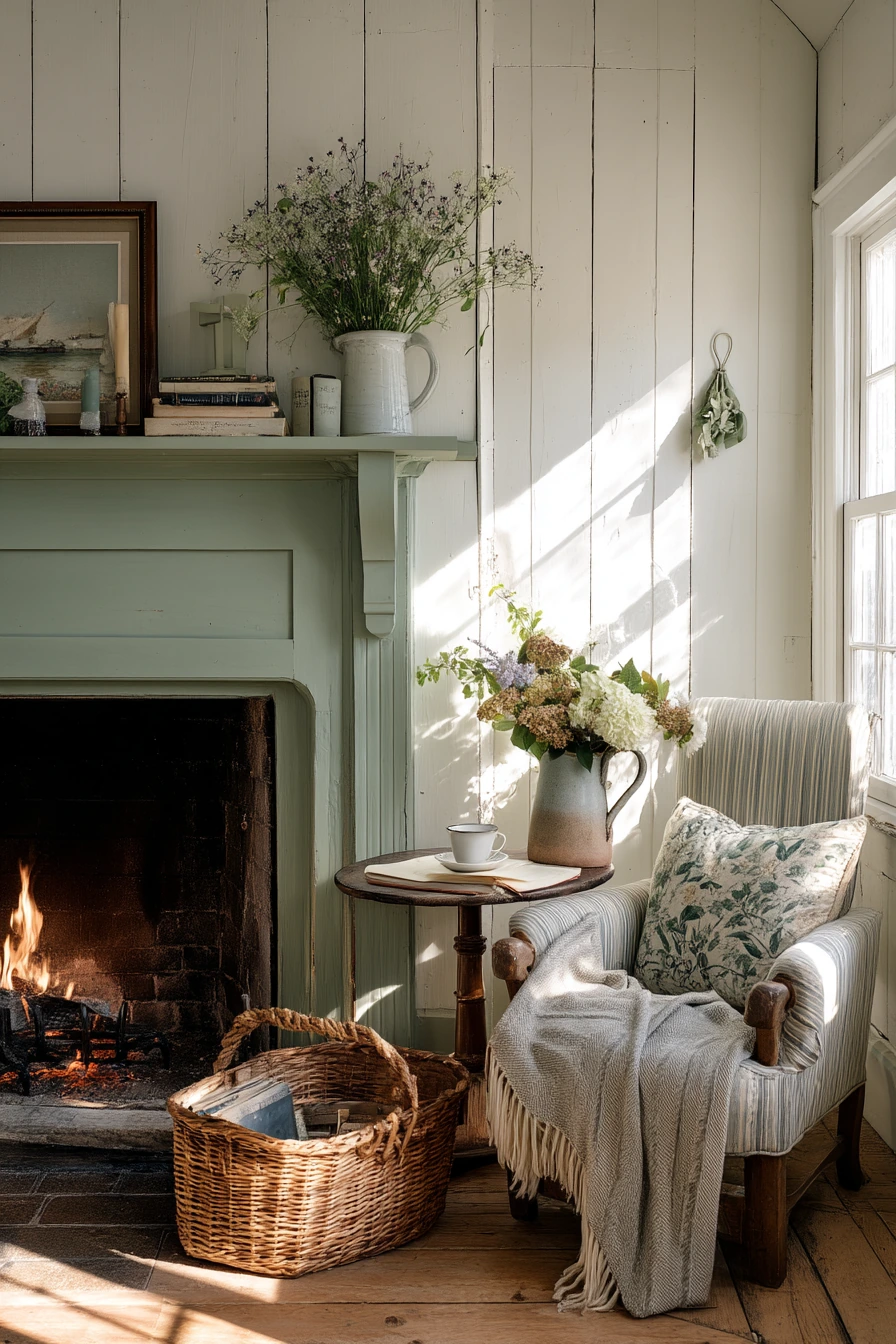 Sage Green Fireplace in a Sunlit Cottage