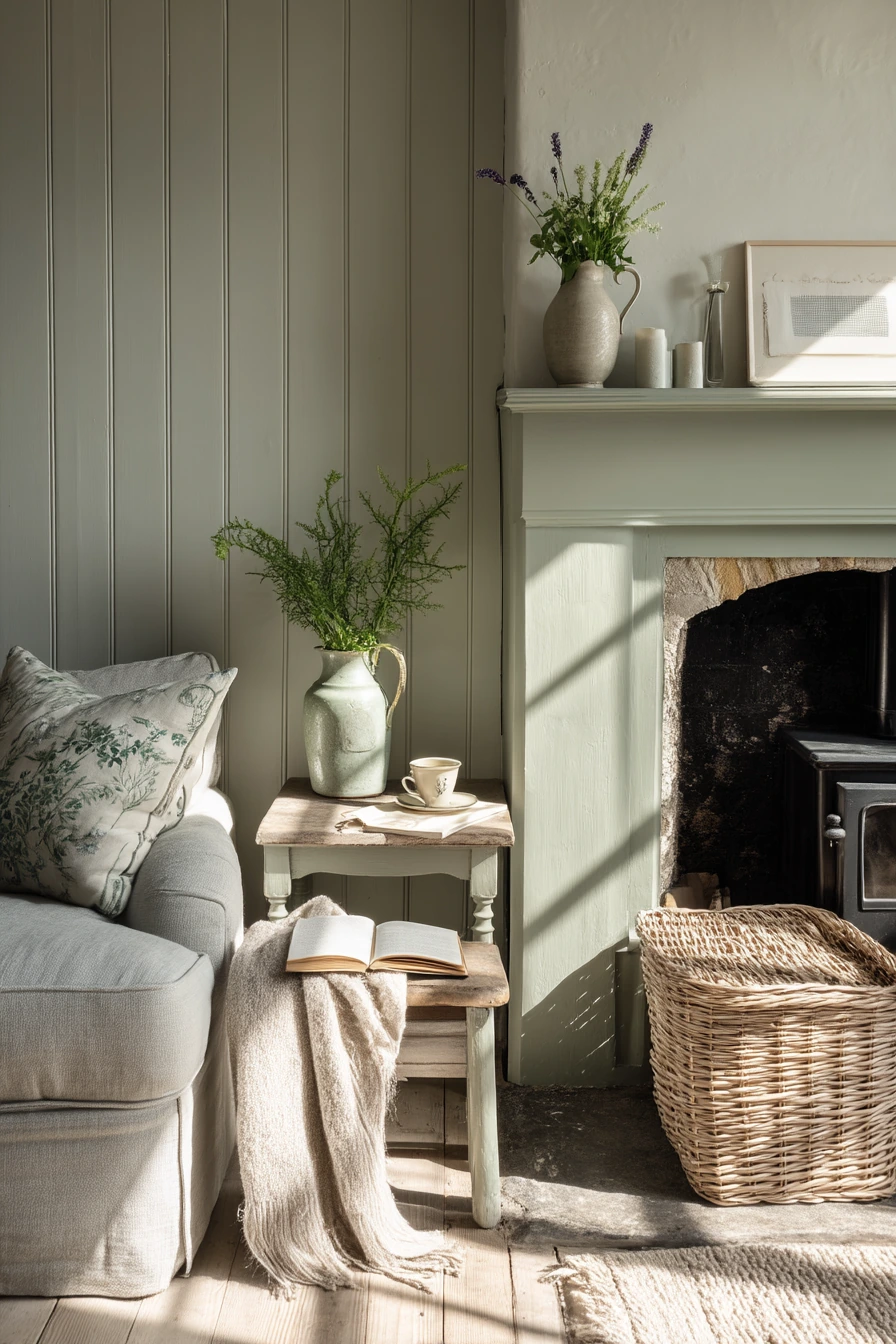 Sage Green Fireplace in a Sunlit Cottage
