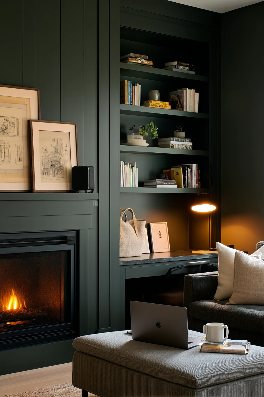 Green Fireplace with Built-In Shelves and Work-From-Home Life