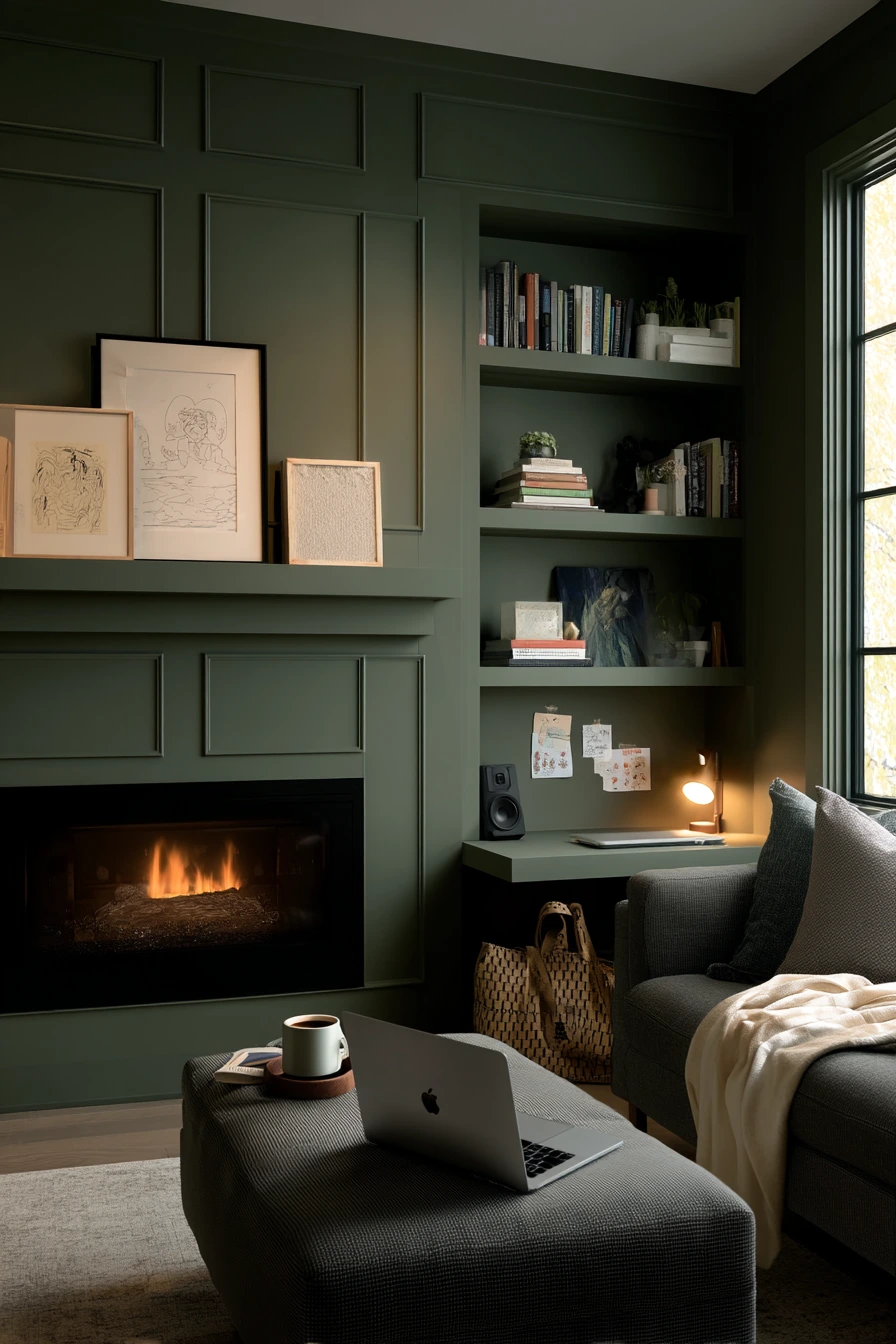 Green Fireplace with Built-In Shelves and Work-From-Home Life