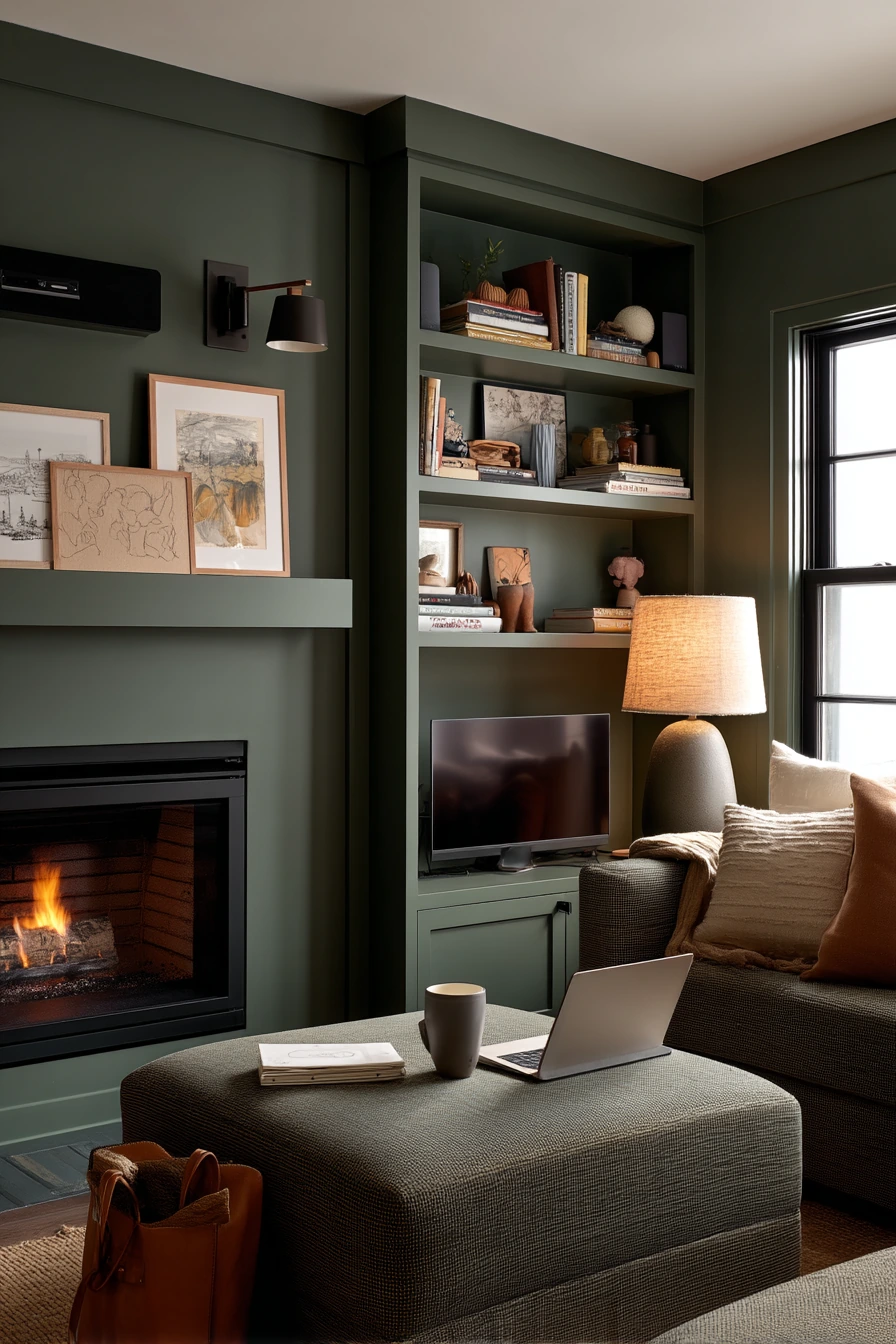 Green Fireplace with Built-In Shelves and Work-From-Home Life