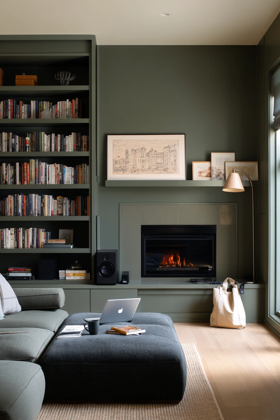 Green Fireplace with Built-In Shelves and Work-From-Home Life