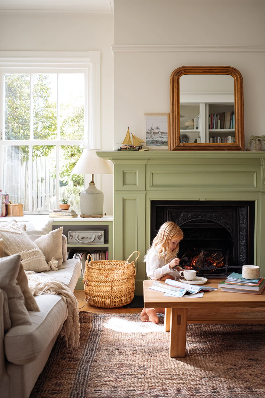 Quiet Sage Mantel in a Family Living Room