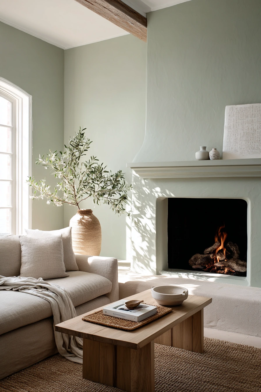 Soft Green Fireplace in a Minimal Coastal Home