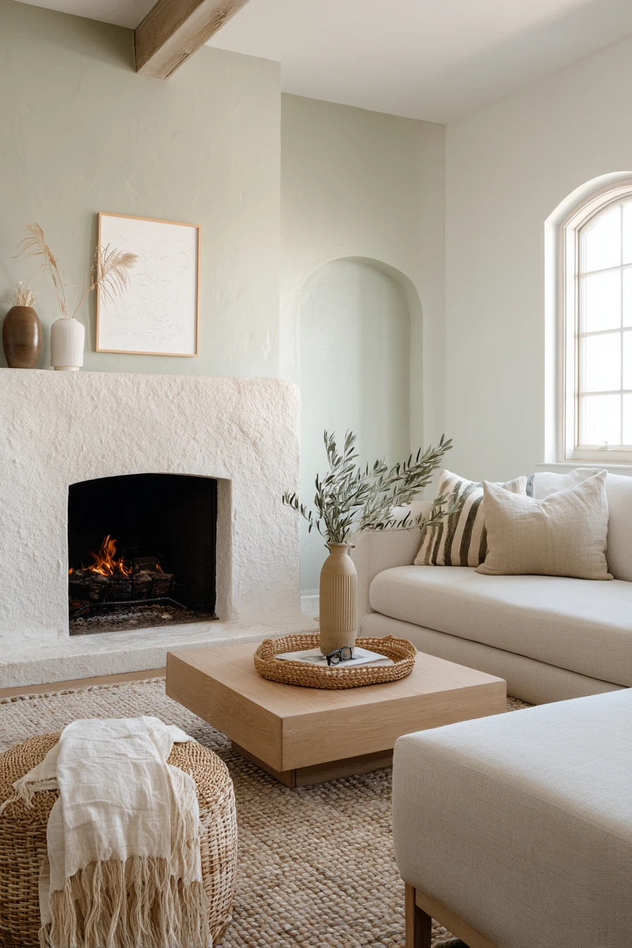 Soft Green Fireplace in a Minimal Coastal Home
