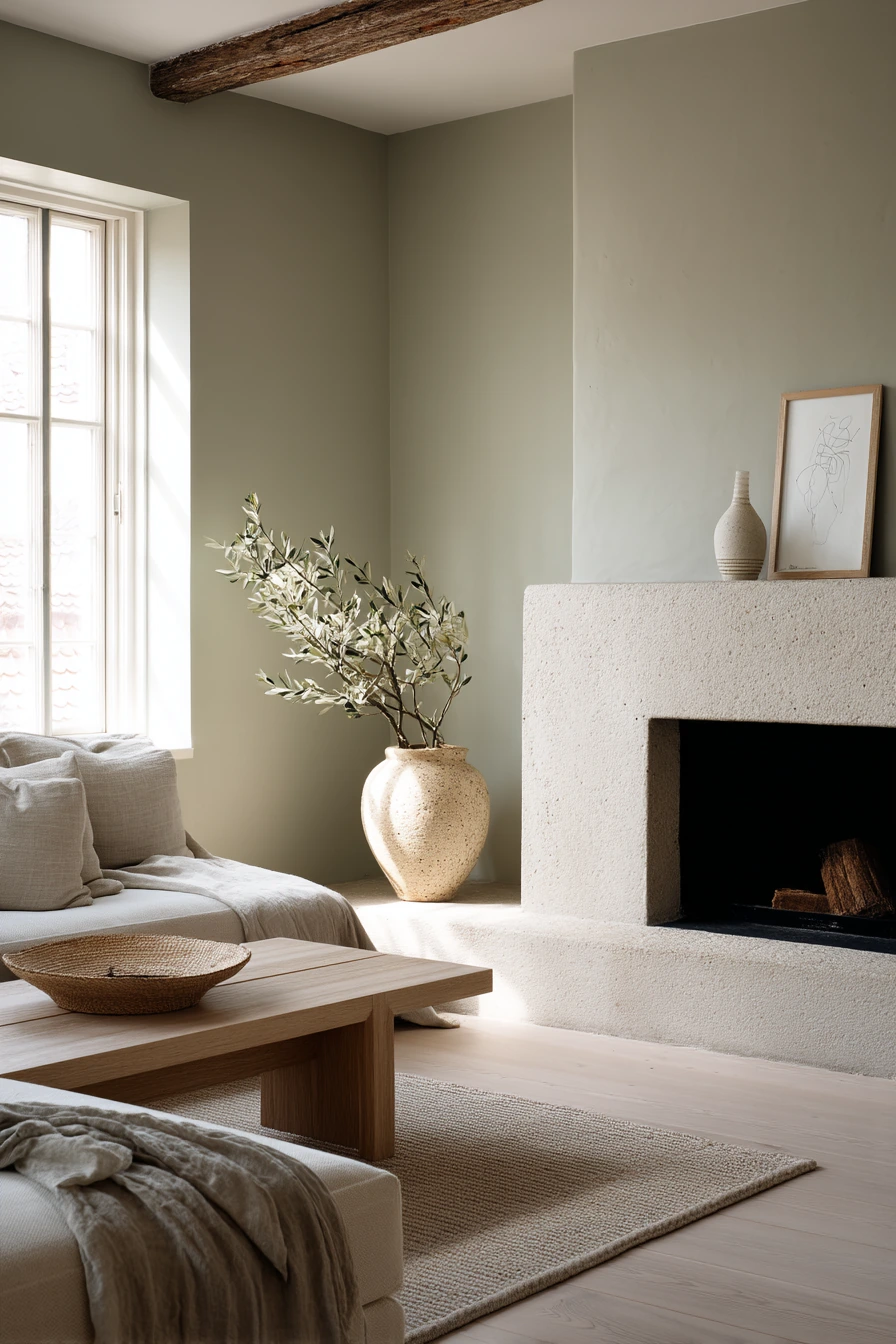 Soft Green Fireplace in a Minimal Coastal Home
