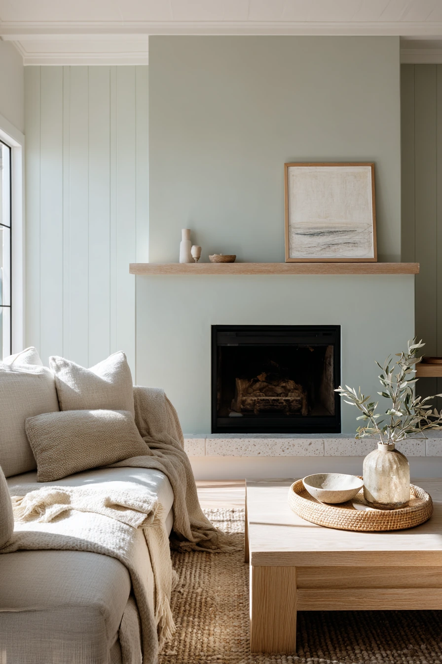 Soft Green Fireplace in a Minimal Coastal Home