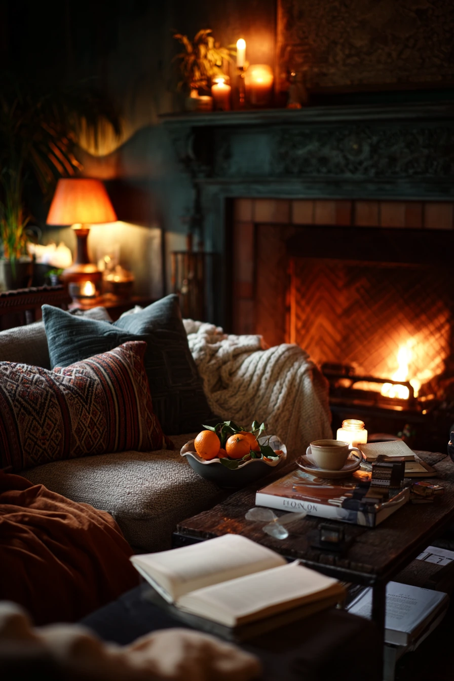 Dark Green Fireplace by Candlelight on a Winter Evening