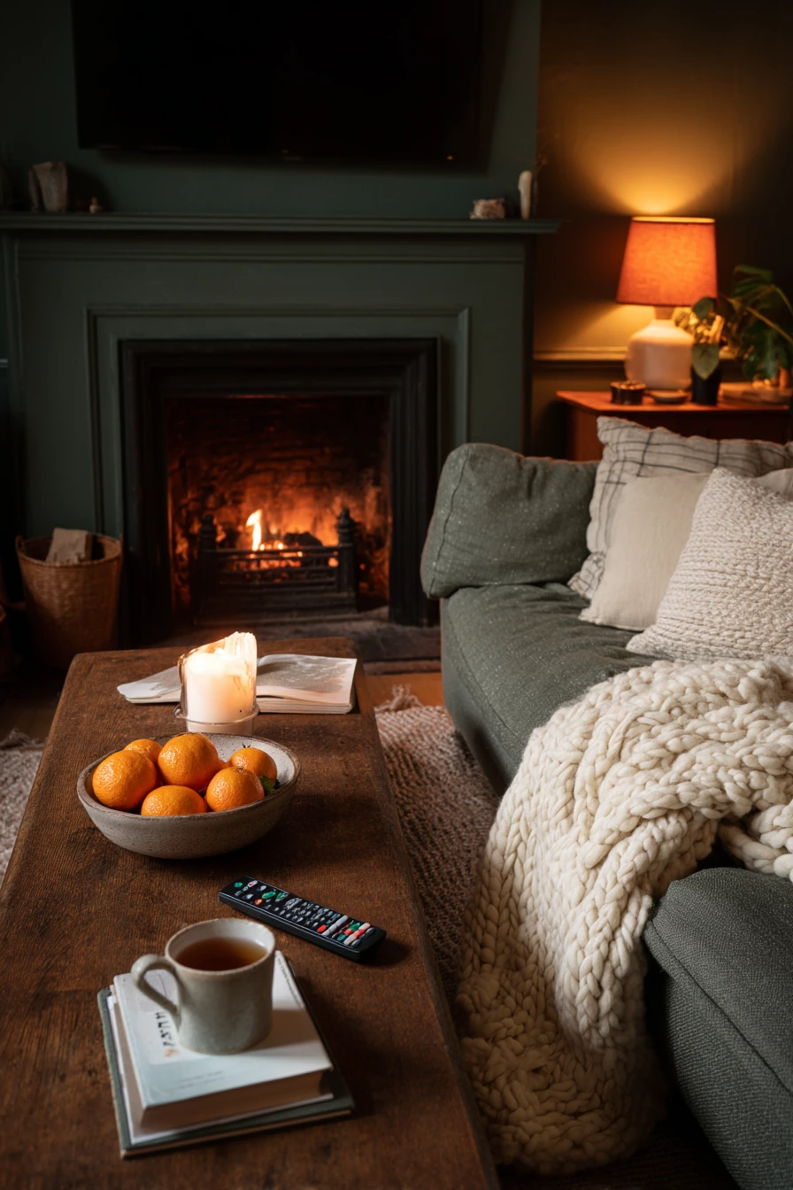 Dark Green Fireplace by Candlelight on a Winter Evening
