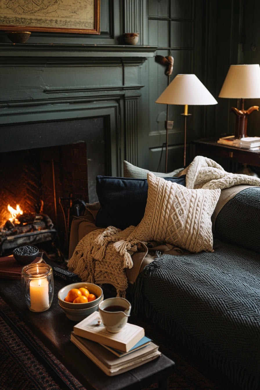 Dark Green Fireplace by Candlelight on a Winter Evening