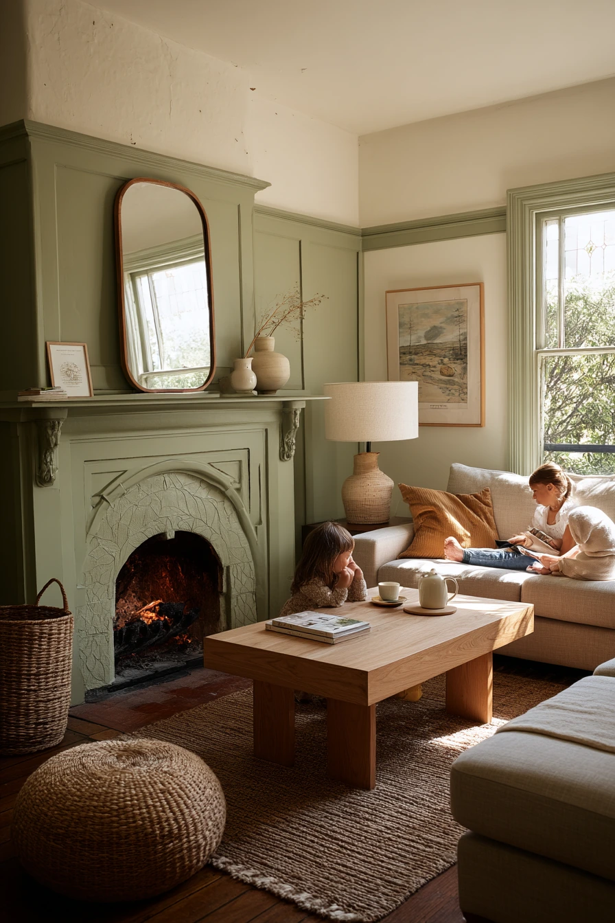 Quiet Sage Mantel in a Family Living Room