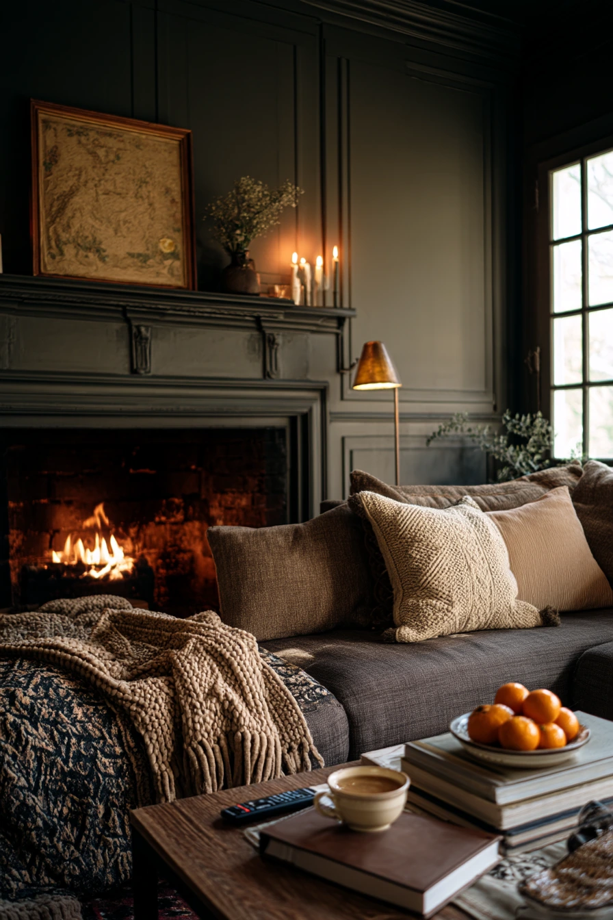 Dark Green Fireplace by Candlelight on a Winter Evening