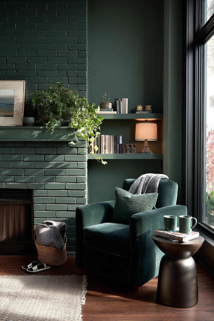 Deep Forest Green Fireplace in a Small Apartment