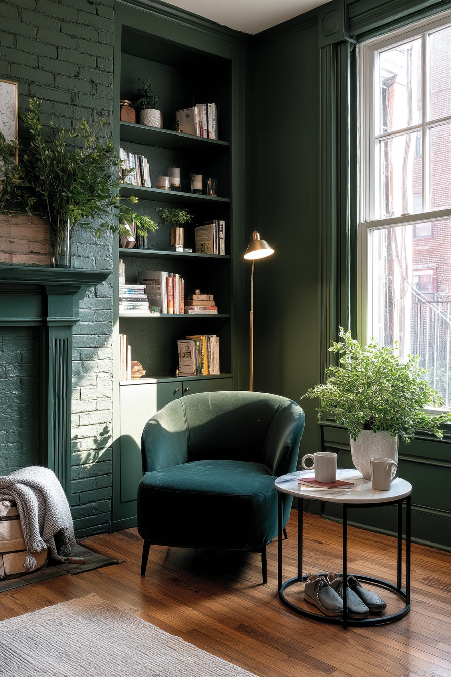 Deep Forest Green Fireplace in a Small Apartment