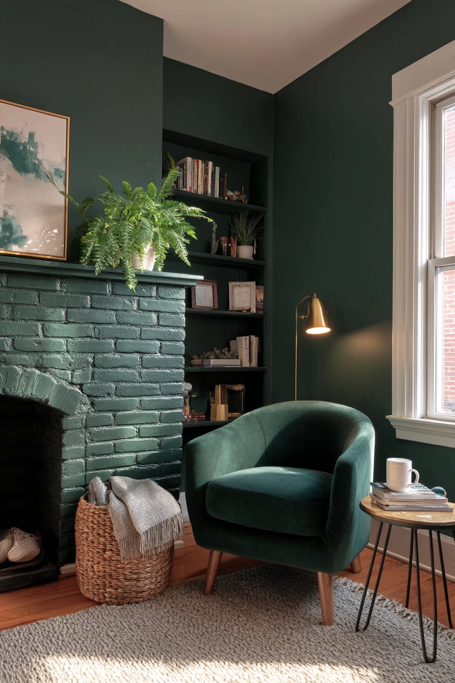Deep Forest Green Fireplace in a Small Apartment
