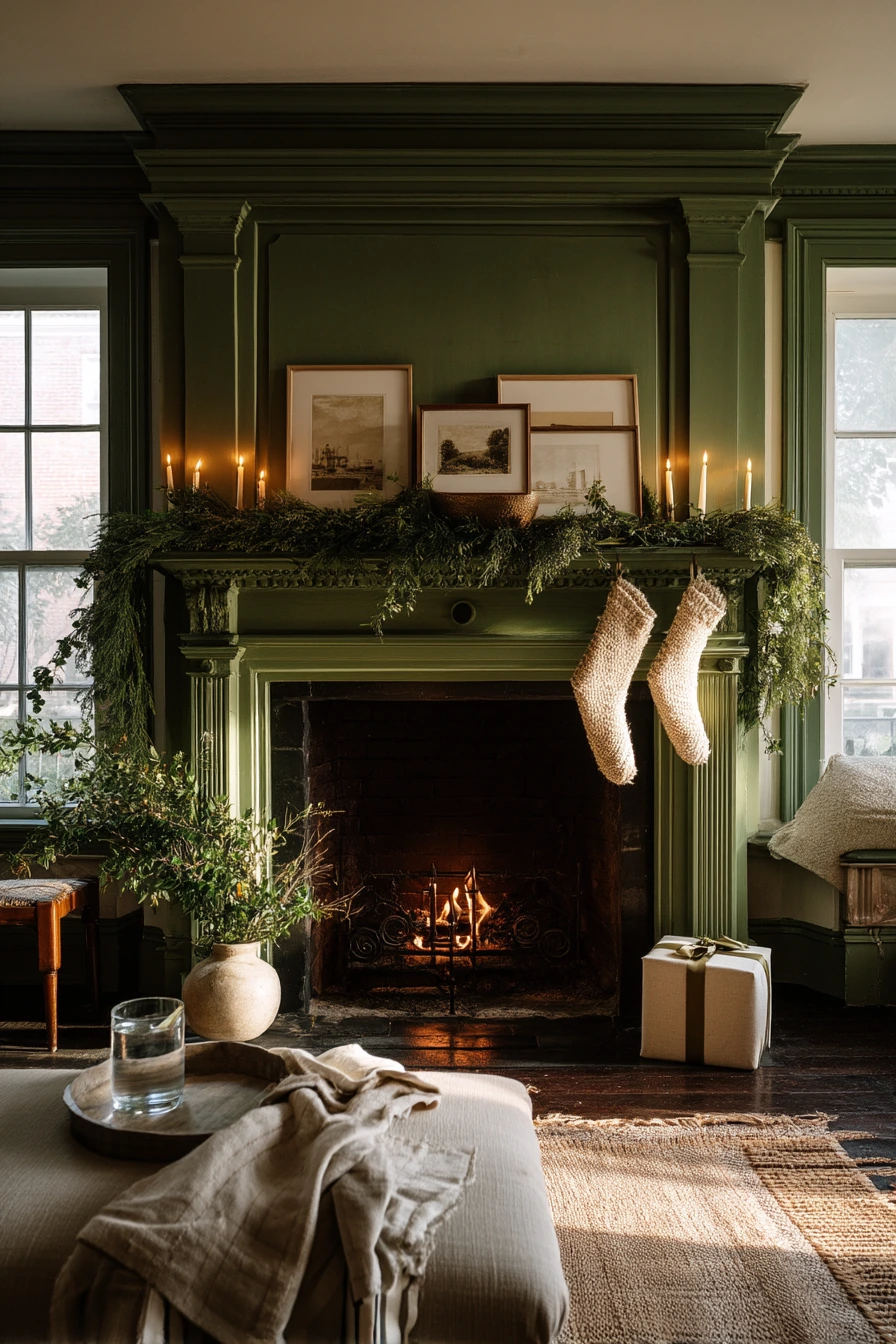 Moss Green Fireplace with Holiday Decor