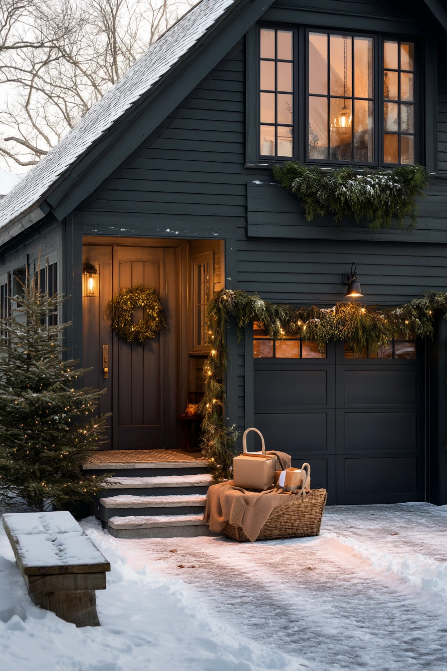 9. Winter Green Garage Door With Holiday Touches