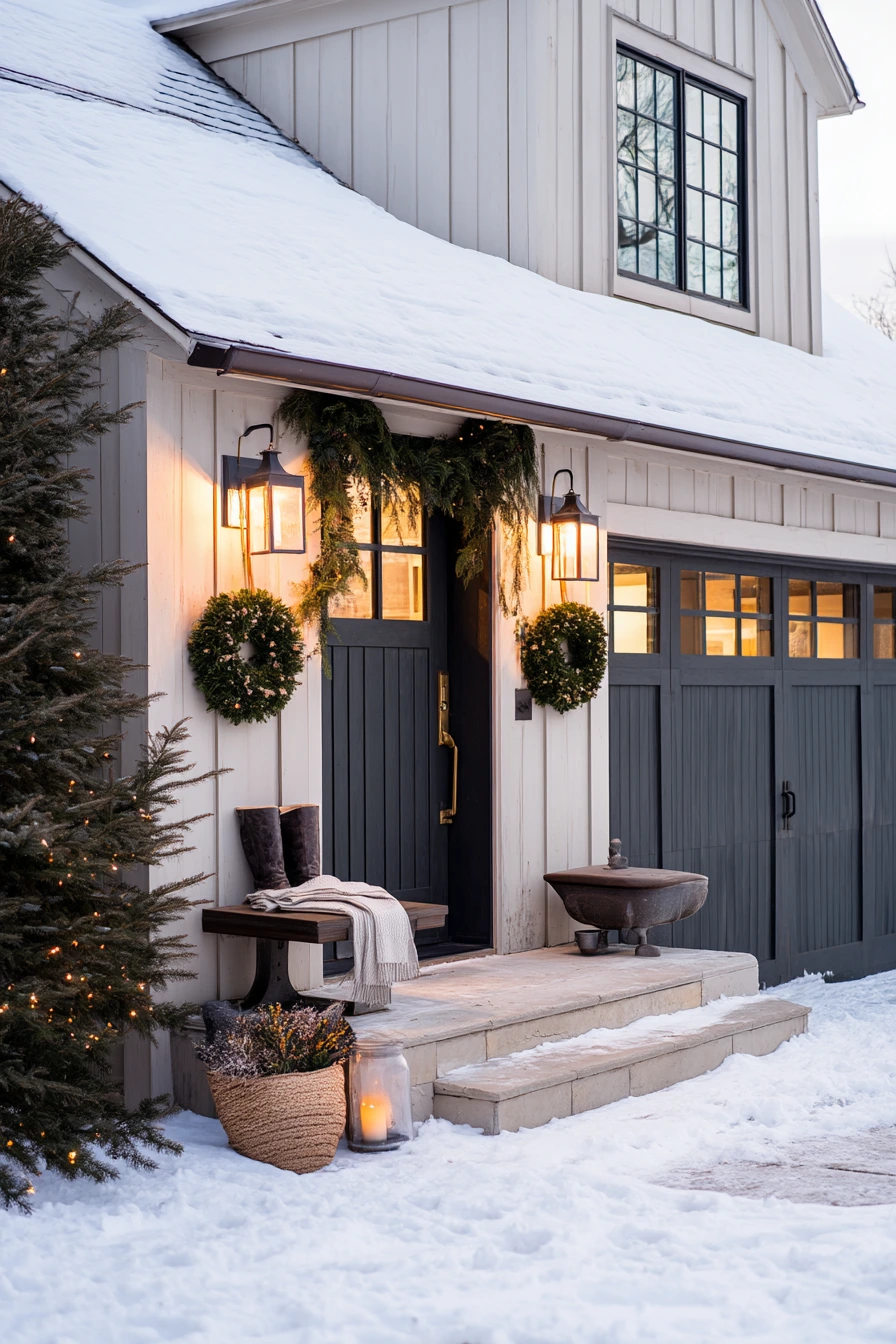 9. Winter Green Garage Door With Holiday Touches
