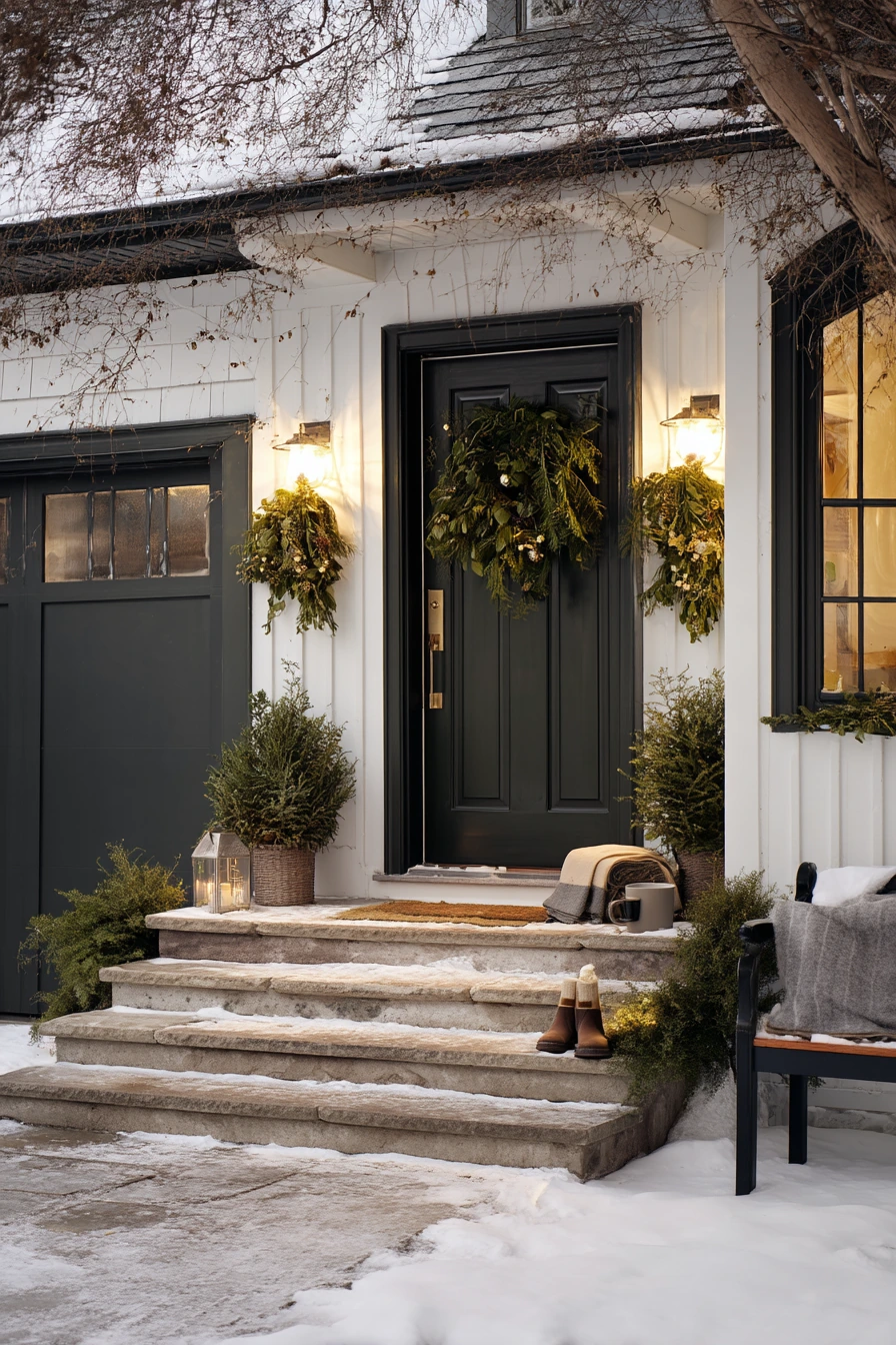 9. Winter Green Garage Door With Holiday Touches