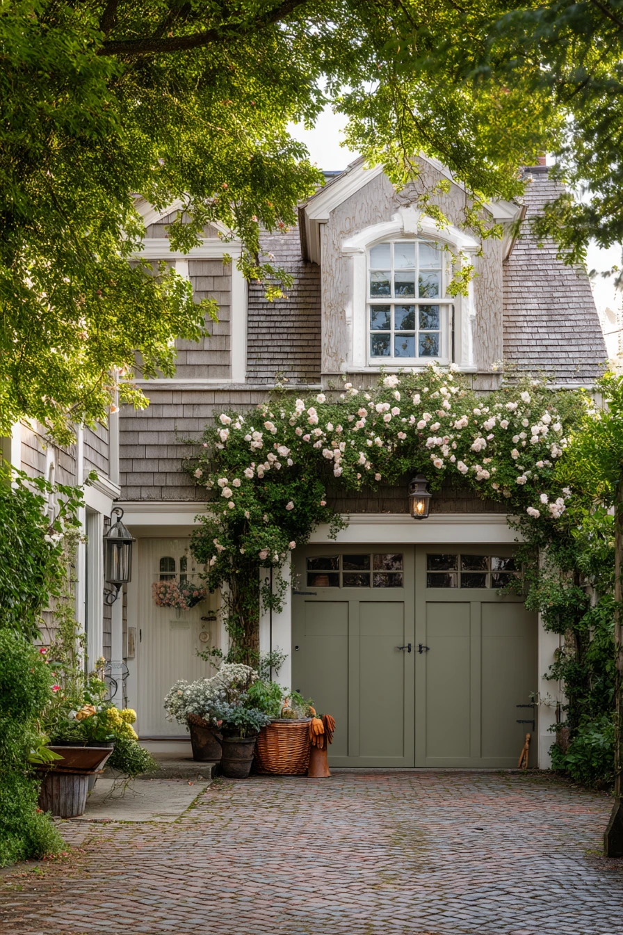 2. Cottage Garage Door With Garden Overflow
