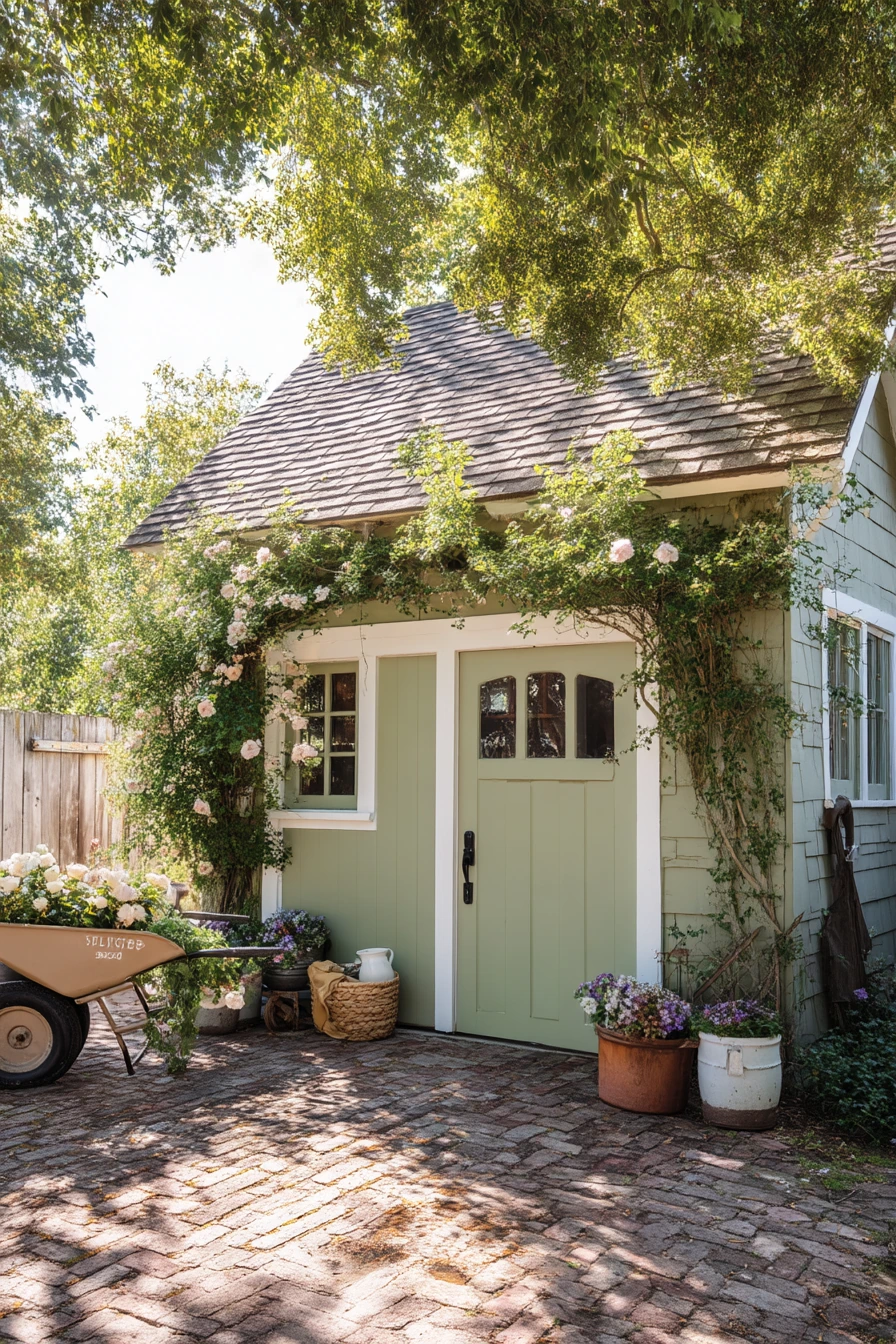 2. Cottage Garage Door With Garden Overflow