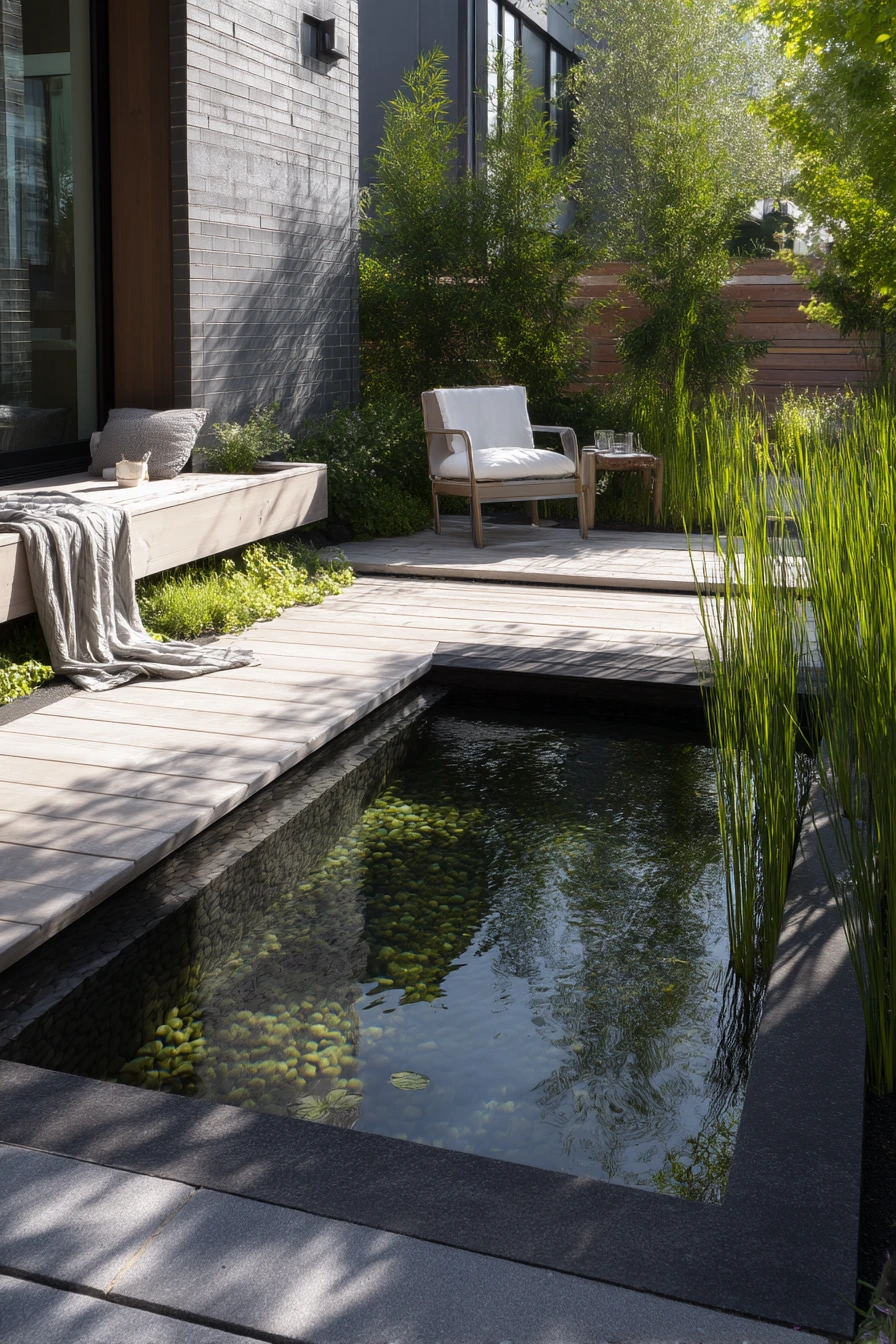 Modern koi pond beside a family deck