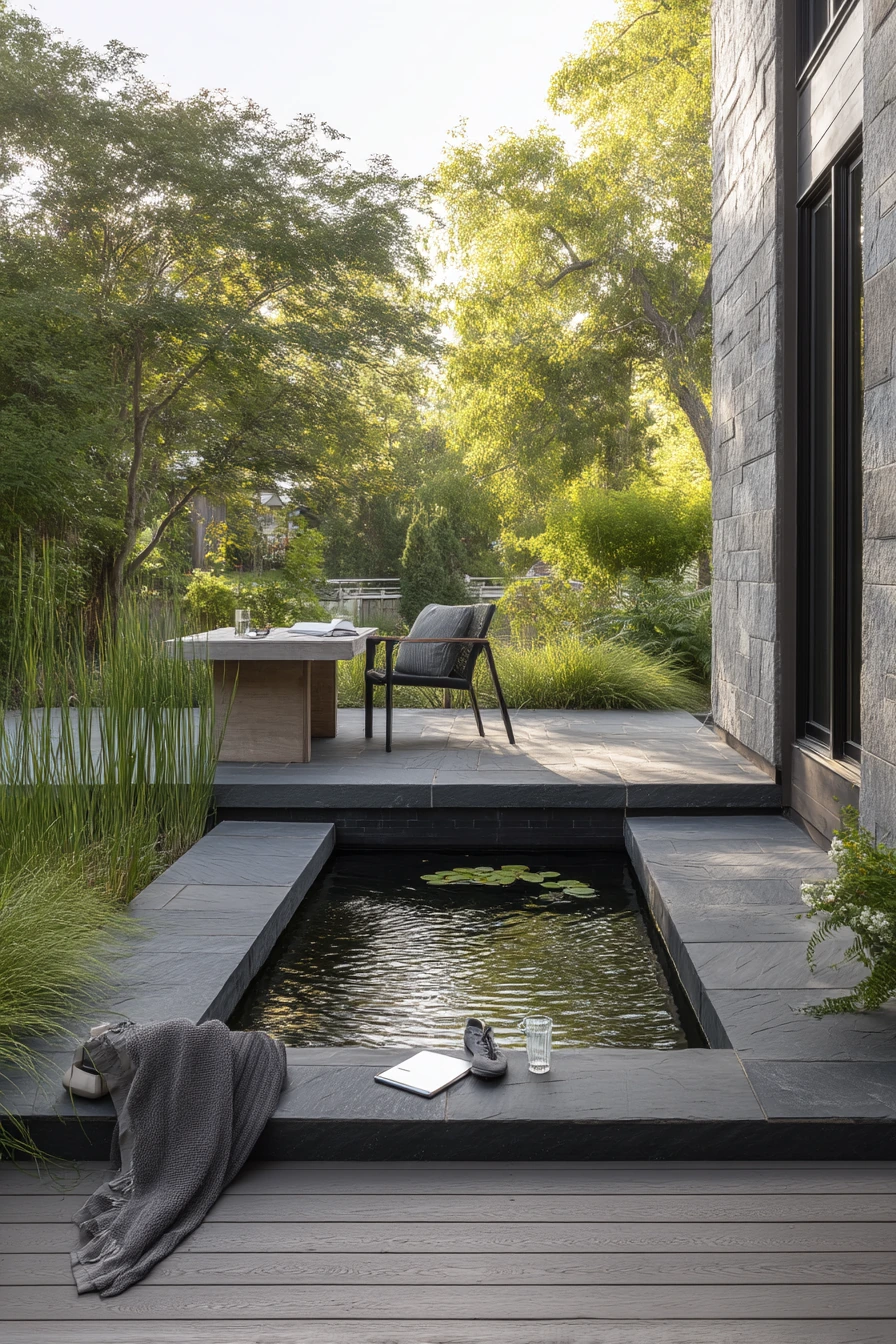 Modern koi pond beside a family deck